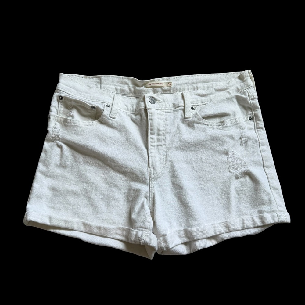 Levis Mid Length Shorts 33 White Distressed Denim Jean Shorts 29965-0045